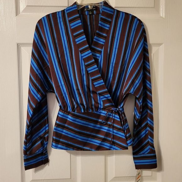 NWT INC International Concepts Sm Striped Night Out LS Wrap Top - Picture 3 of 8